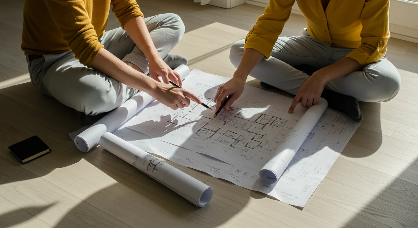 Two People Sitting Cross-legged Reviewing Architectural Blueprints Spread Out on the Floor Two People Sitting Cross-legged Reviewing Architectural Blueprints Spread Out on the Floor