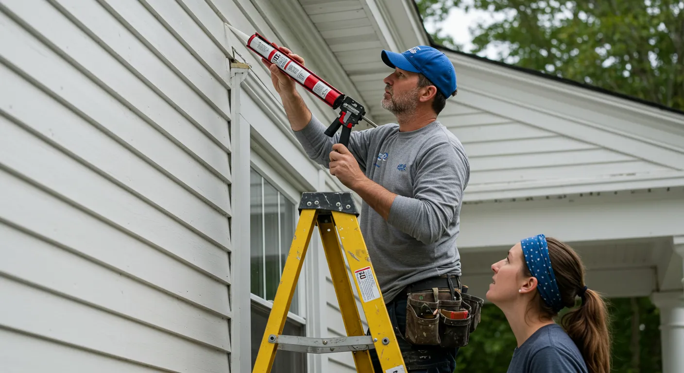Two People Working on the Exterior of a House Two People Working on the Exterior of a House