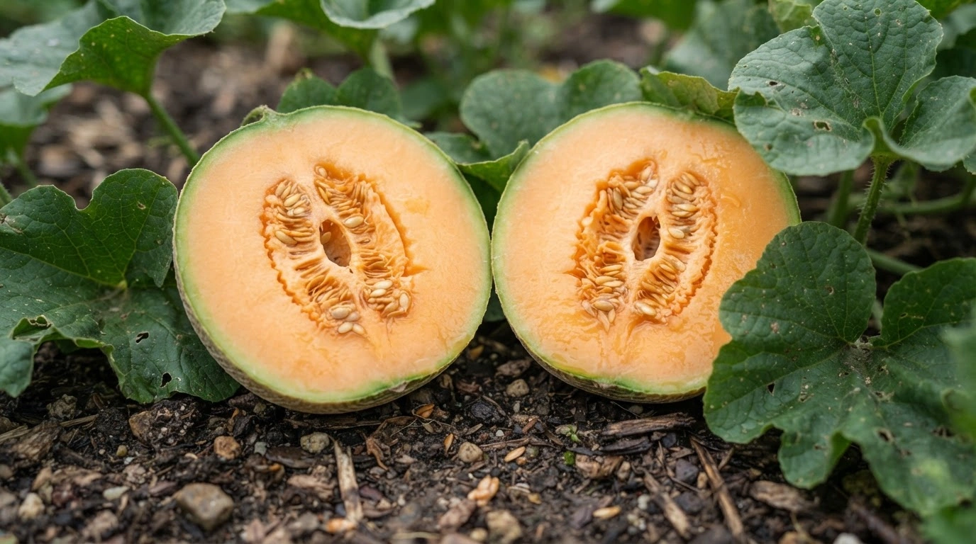 Two Perfectly Ripe Cantaloupe Halves, Nestled on Dark, Rich Garden Soil