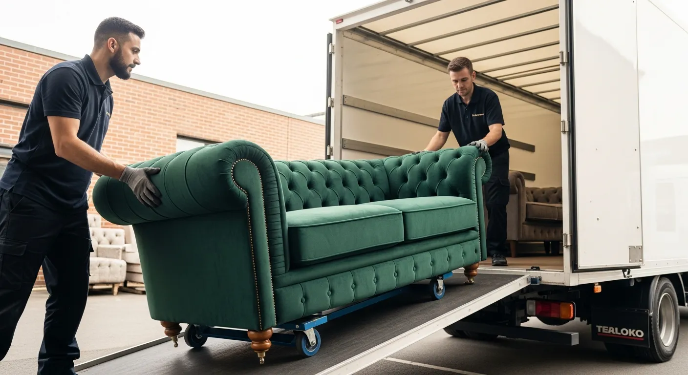 Two Professional Movers, Carefully Maneuver the Large Couch on a White Commercial Moving Truck
