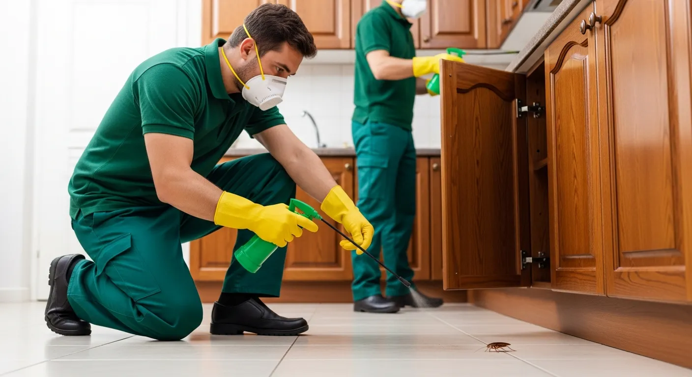 Two Professional Pest Control Workers Spraying Insecticide on a Cockroach