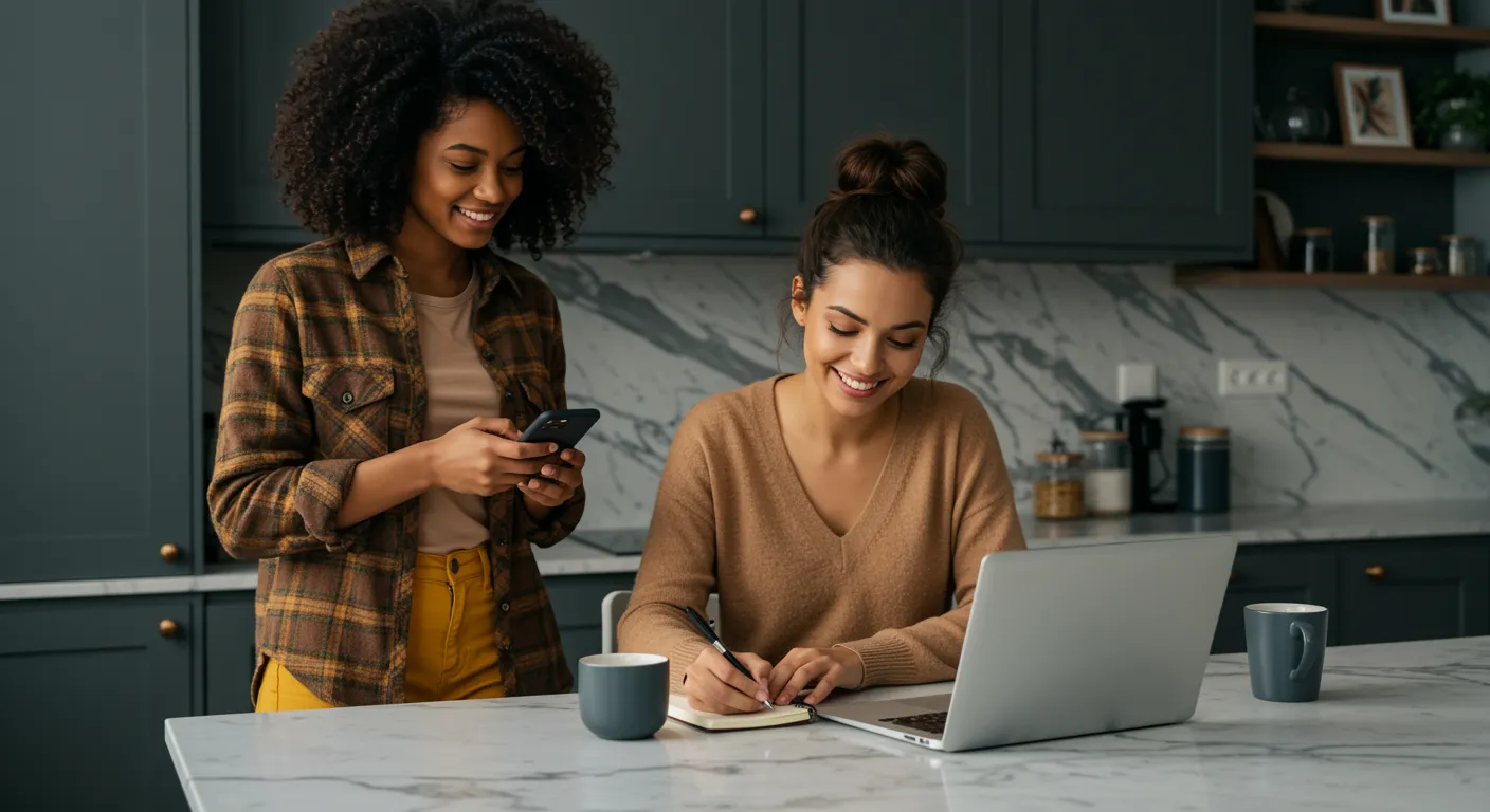 Two Women Calculating Average Cost of an Interior Decoration Service in a Stylish, Modern Kitchen