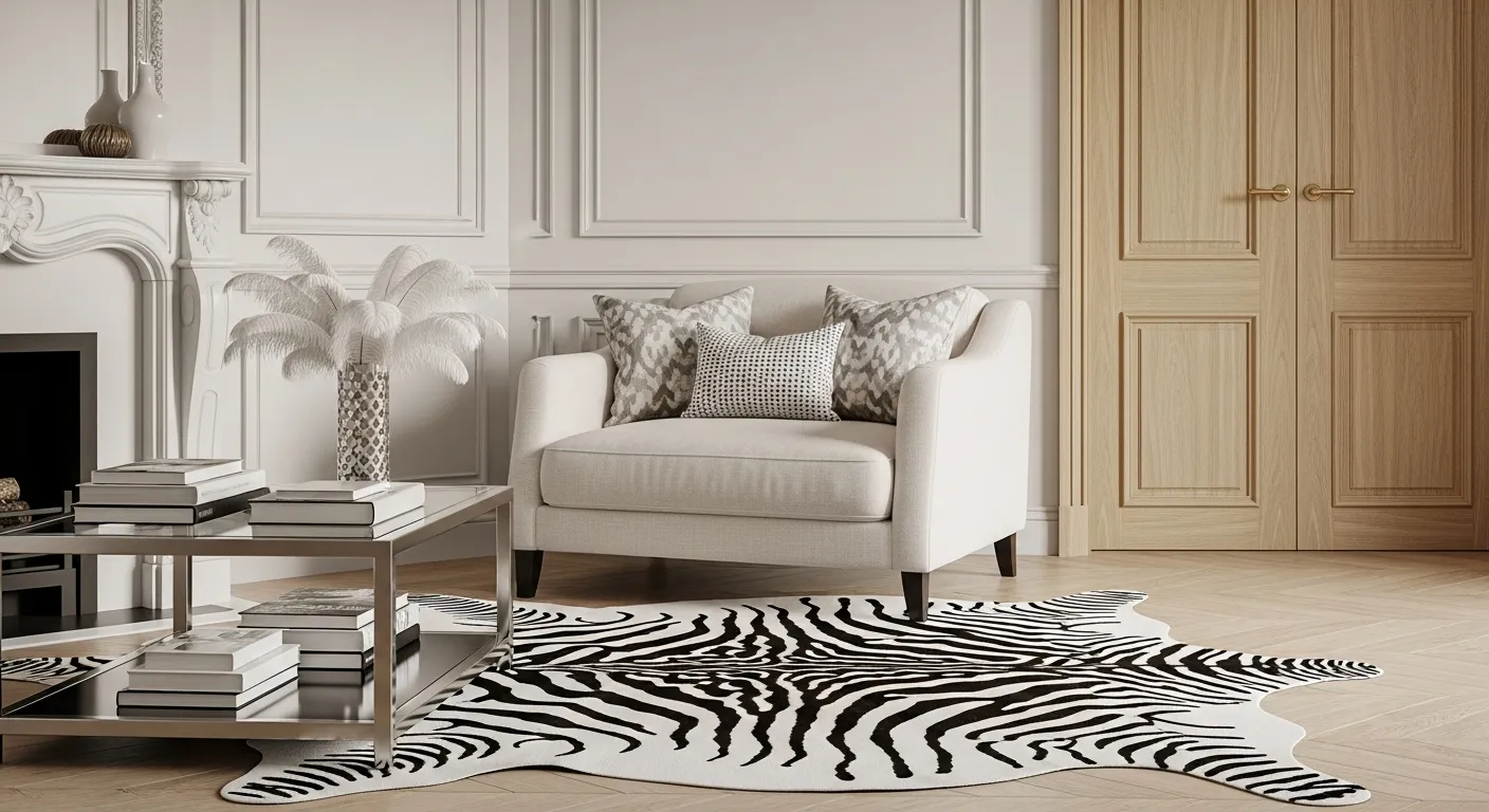 A Cream Upholstered Armchair With Decorative Pillows Sits on a Black and White Zebra Skin Rug