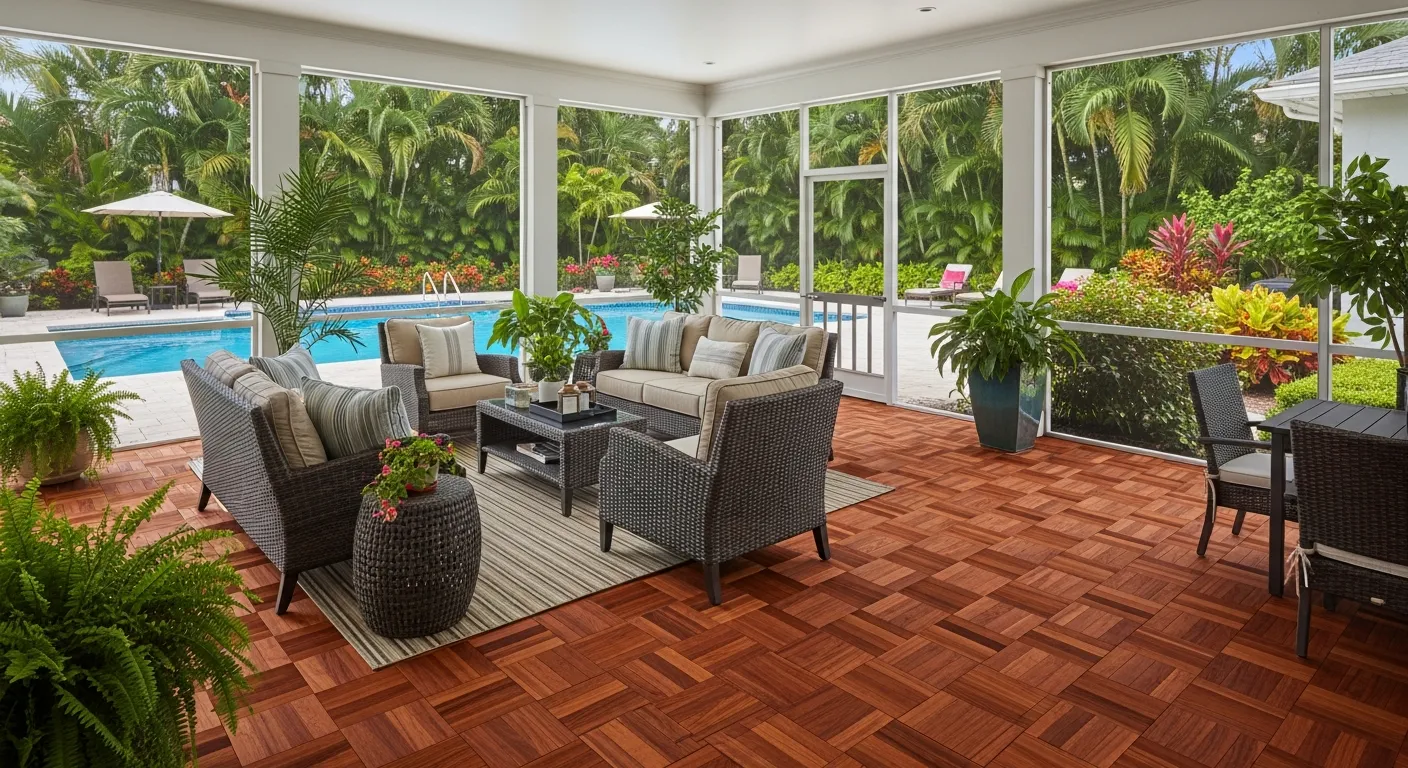 A Beautiful, Spacious Screened-in Patio With Interlocking Reddish-brown Teak Floor