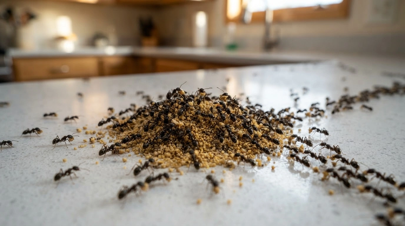 Thousands of Tiny, Dark, Highly Detailed Ants Scurrying Purposefully, Converging on a Small, Granular Mound of Natural Ant Bait