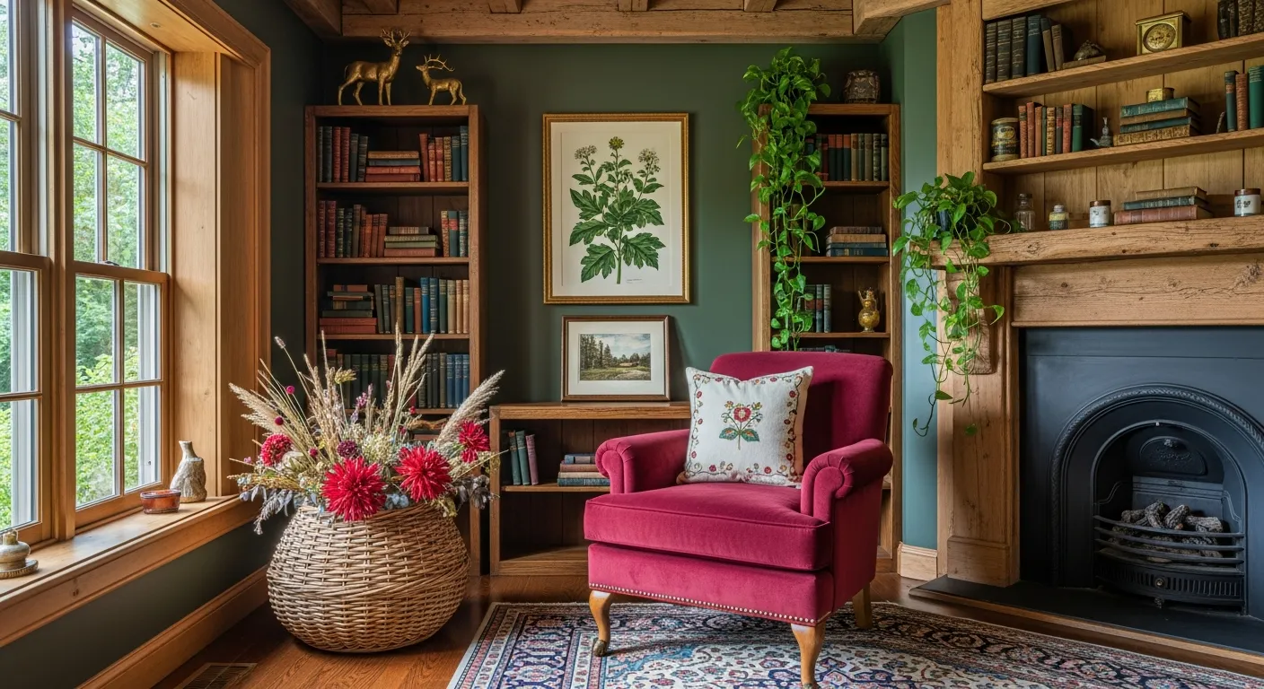 A Deep Forest Green Walls and a Ceiling With Prominent Rough-hewn Exposed Wooden Beams