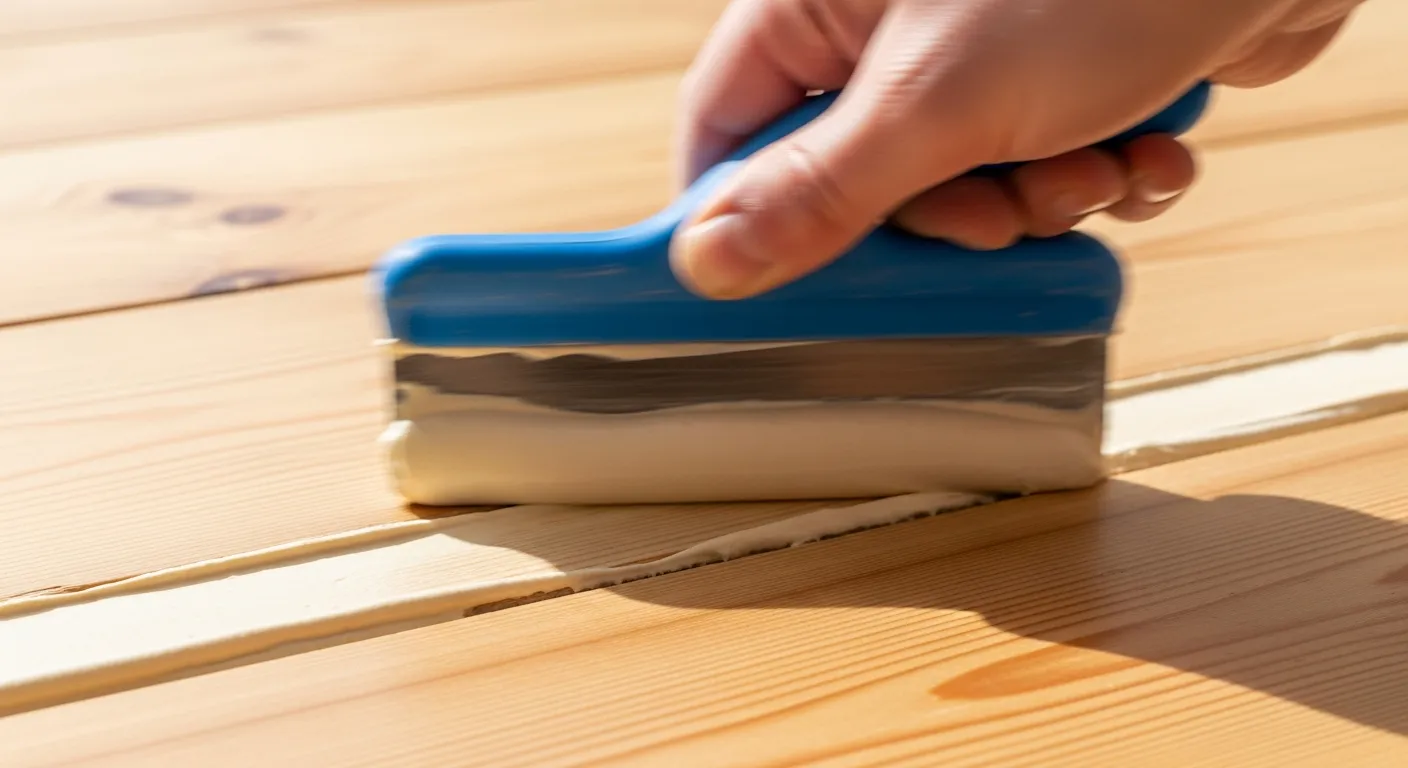 A Person Filling Gaps Between the Wood with a Blue Scrapper