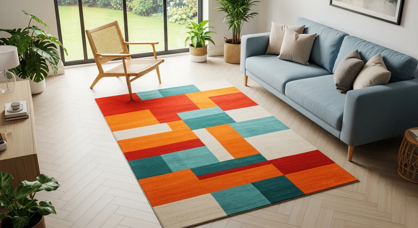 A Vibrant, Abstract Geometric Rug in Orange, Red, Teal, and Cream Covers a Light Herringbone Floor