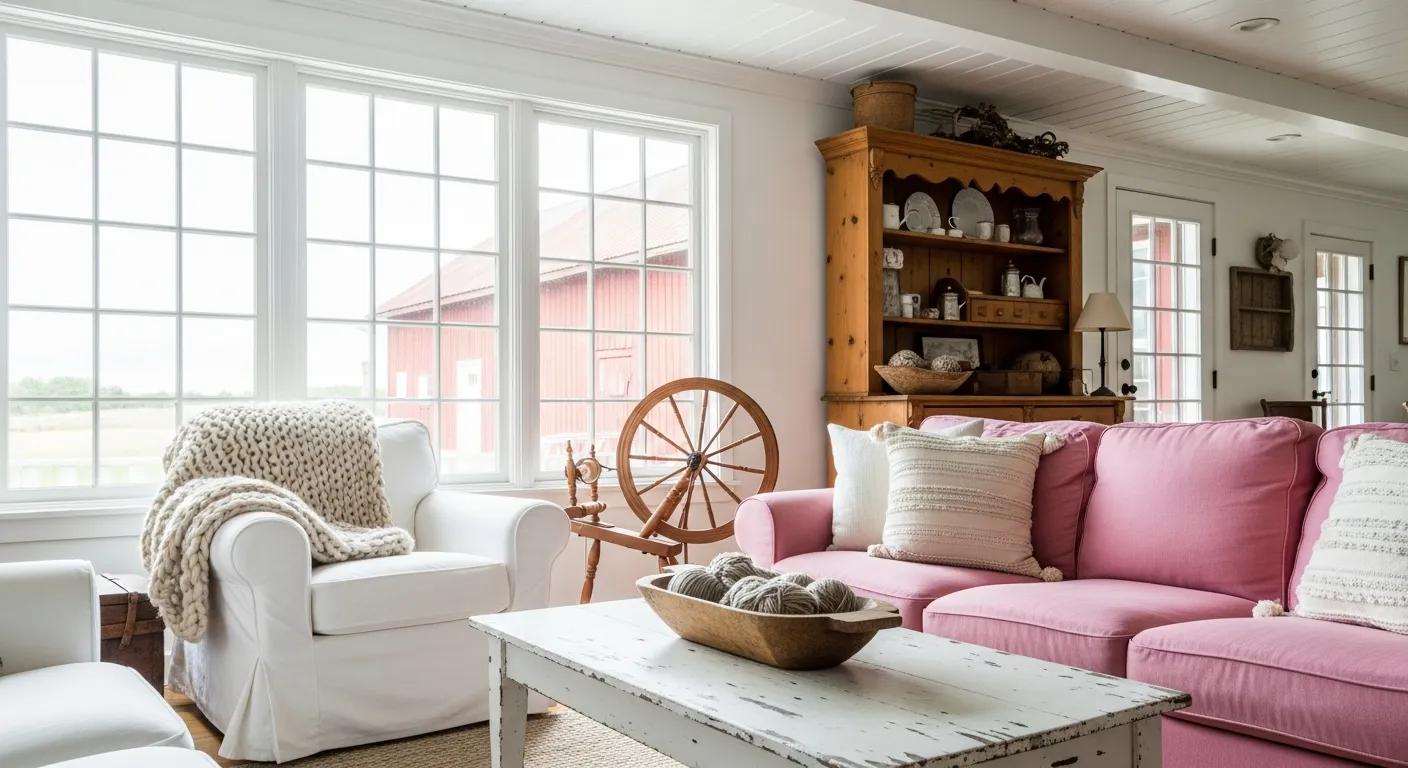 A Bright and Cozy Rustic Farmhouse Living Room, Bathed in Natural Light From Large Multi-paned Windows