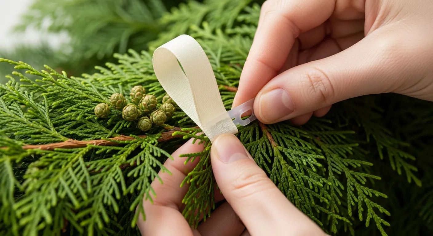 Attaching a Cream Ribbon Loop With a Self-adhesive Hook to a Fresh Green Cedar Garland