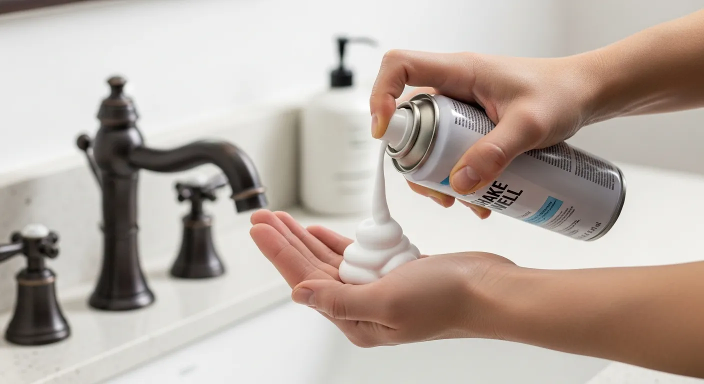 A Person's Hands Dispensing Foamy White Shaving Cream From an Aerosol Can Into an Open Palm