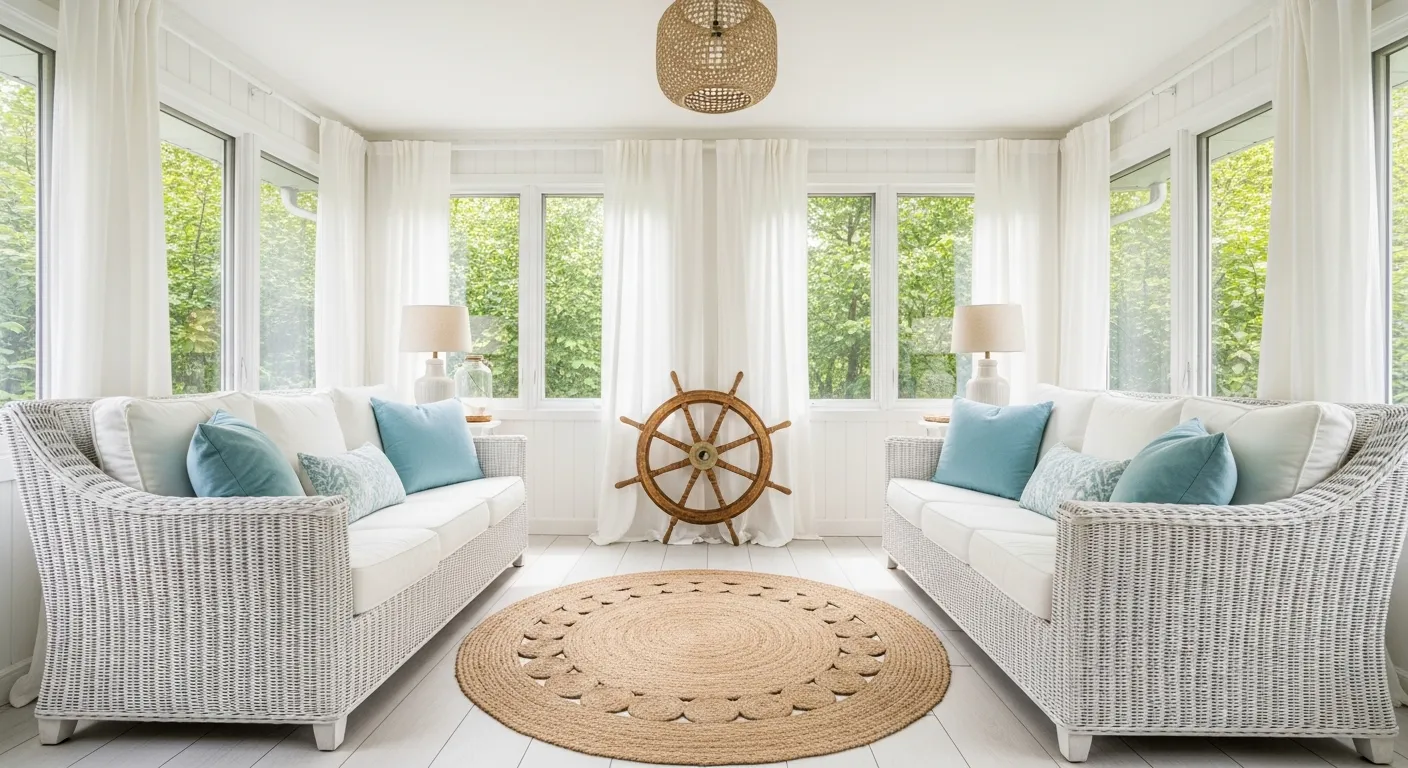 A Bright, Airy Sunroom With Two White Wicker Sofas and Large Windows Framed by White Sheer Curtains