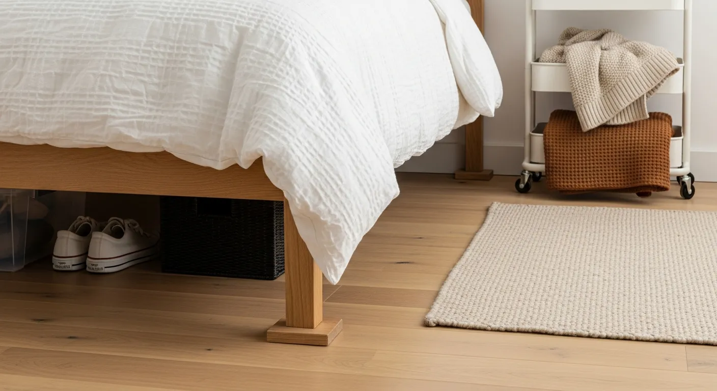 A Light Brown Wooden Bed Frame (the Leg of the Bed is on the a Wooden Block) With a Textured White Duvet Hangs Down