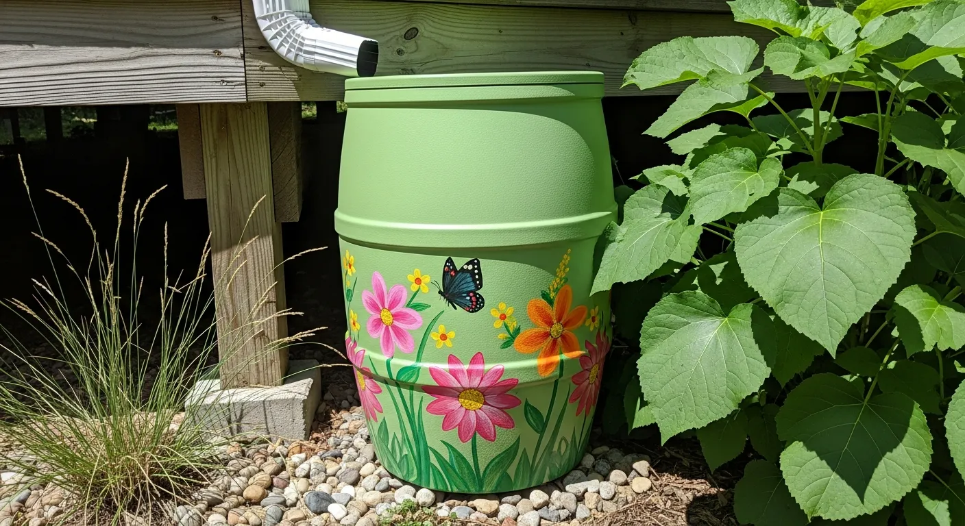 A Vibrant Light Green Rain Barrel Adorned With Painted Pink, Orange, and Yellow Flowers