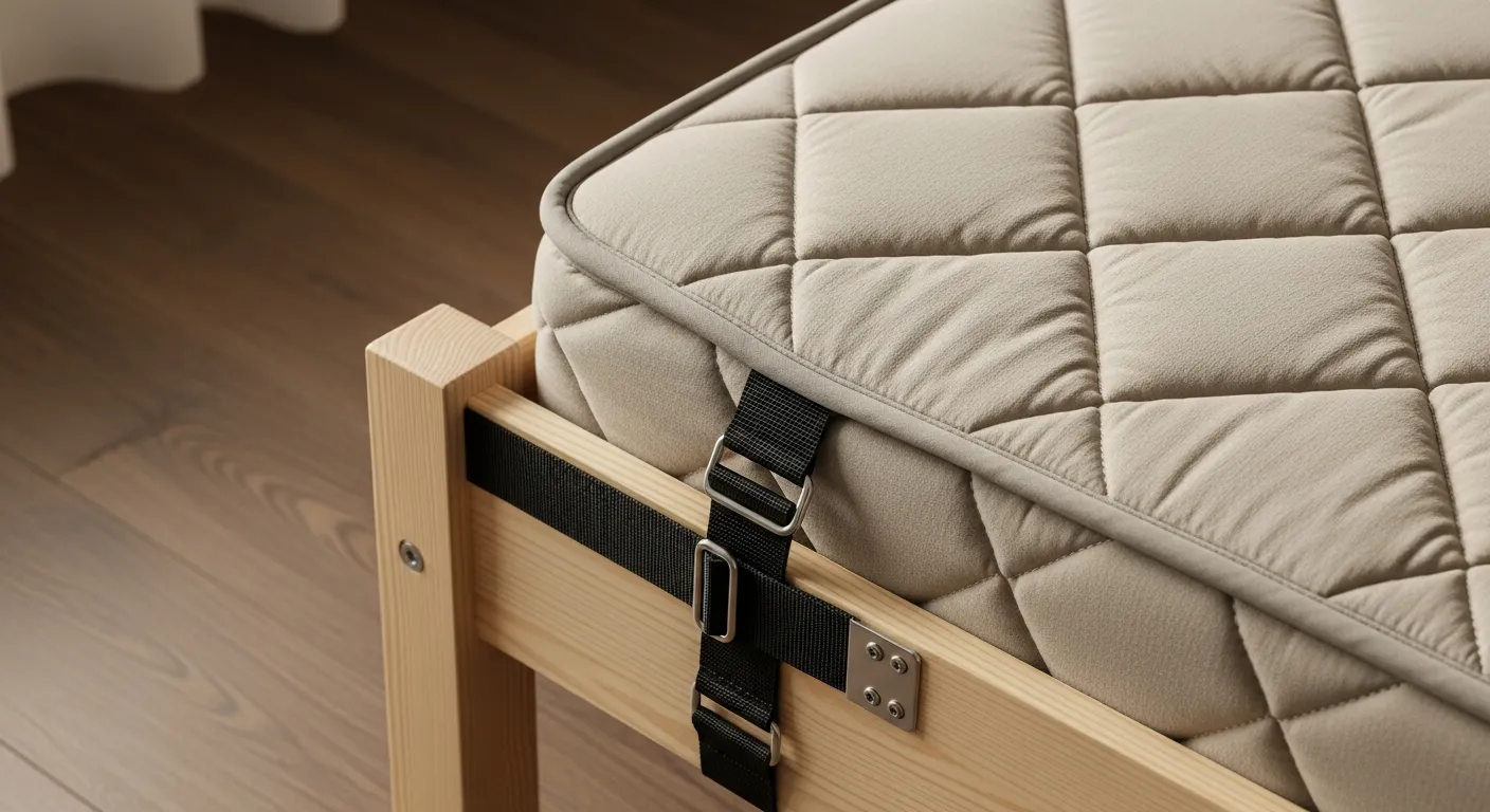 A Beige Quilted Mattress Secured by a Black Velcro Strip With Silver Metal Buckles to a Light Natural Wood Bed Frame