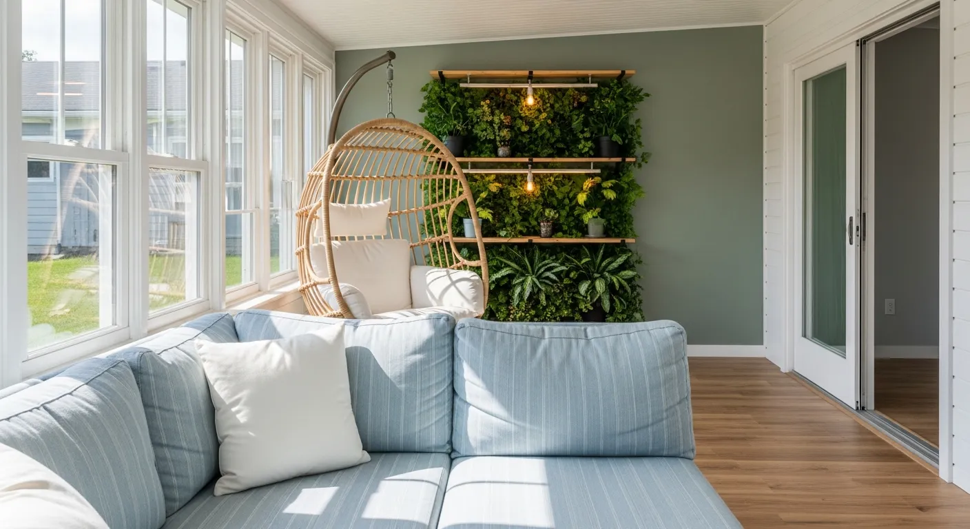 A Light Blue Striped Sectional Sofa With White Pillows and a Natural Wicker Hanging Egg Chair With White Cushions