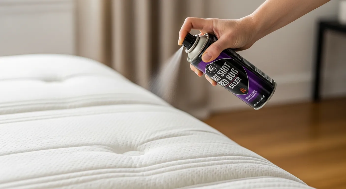A Man Actively Spraying a Fine Mist Downwards Onto a Clean, Plush White Mattress With a Visible Layered Topper
