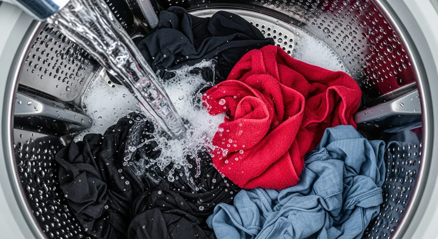 A Strong, Clear Stream of Water is Actively Pouring From the Top-left Corner of the Frame, Splashing Onto a Pile of Clothes Below