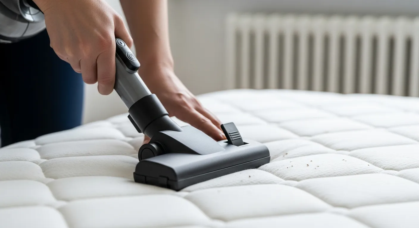 A Person Operating a Grey Vacuum Cleaner With a Black Nozzle on a Bright White Quilted Mattress