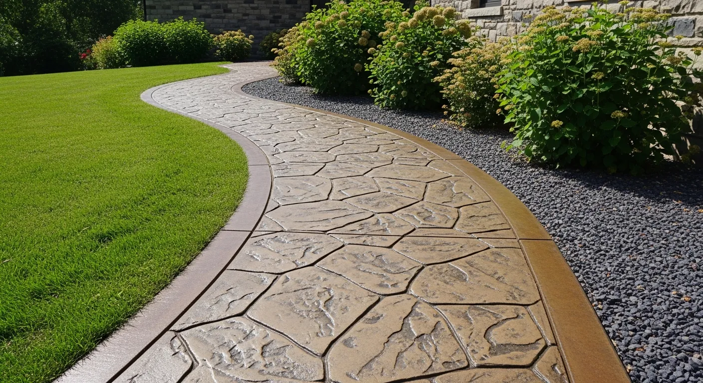 A Winding, Textured Concrete Pathway, Designed to Resemble Natural Flagstones, With a Smooth Dark Brown Border