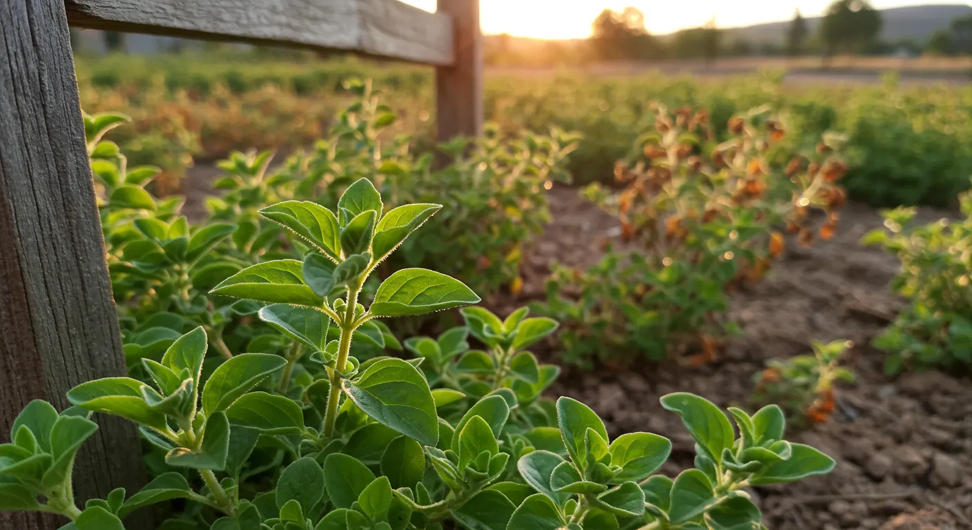 Vibrant Green Oregano Plants With Healthy, Serrated Leaves Thrive Under a Patch of Dappled Partial Shade, Cast by a Rustic, Weathered Wooden Trellis