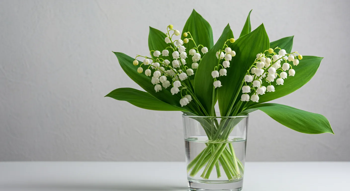 View of Lily of the Valley Flowers Arranged in a Clear Glass of Water View of Lily of the Valley Flowers Arranged in a Clear Glass of Water