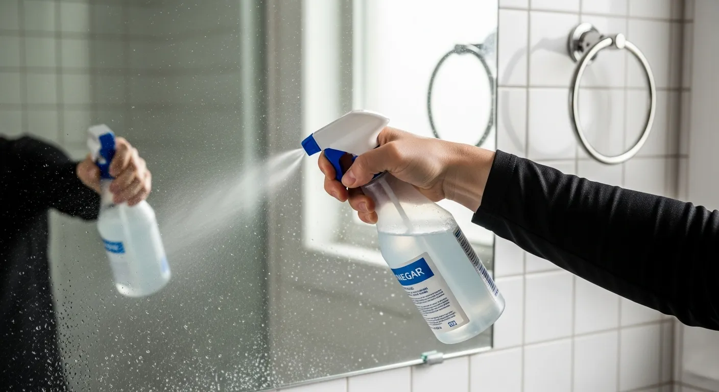 A Black Sleeve Holding a White and Blue Vinegar Spray Bottle, Actively Spraying a Bathroom Foggy Mirror