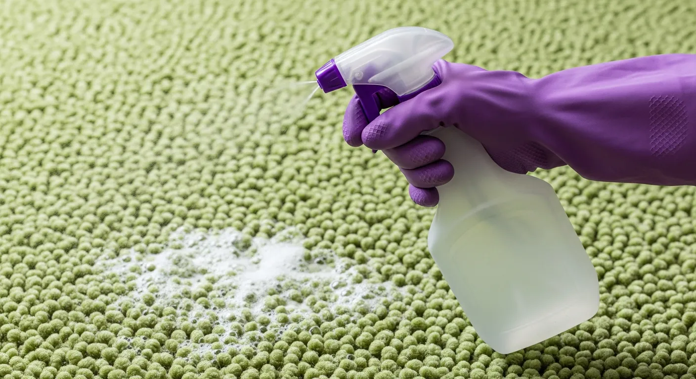 A Person Actively Spraying the Solution of Vinegar and Water Onto a Thick, Light Green, Tightly Looped or Bobbled Carpet