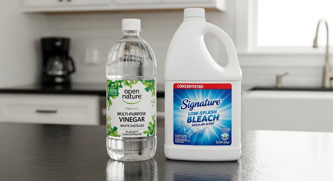 A Transparent, Ribbed Plastic Bottle of 'open Nature Multi-purpose Vinegar White Distilled' and 'low-splash Bleach Regular Scent'