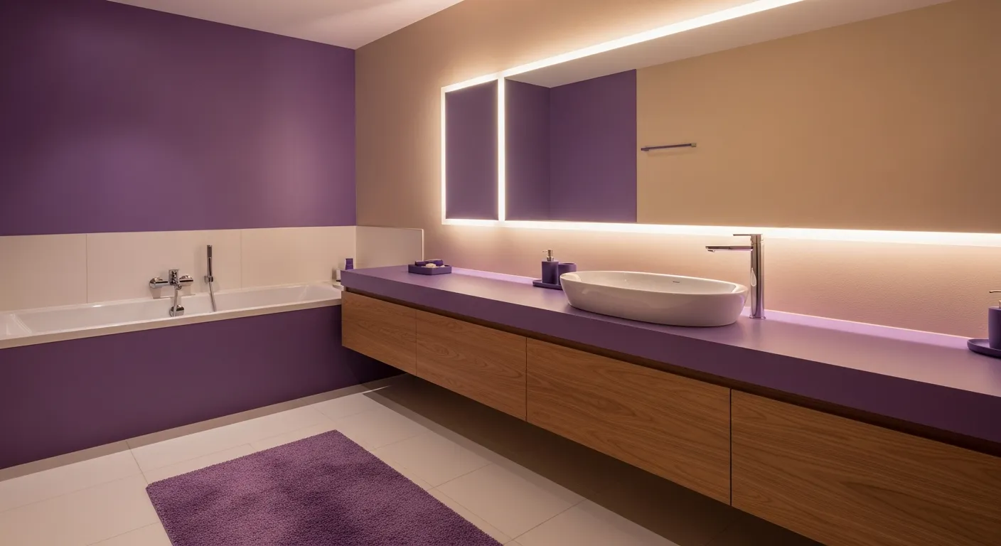 A White Recessed Bathtub With a Chrome Faucet and a Long Wooden Vanity With a Smooth Violet Countertop