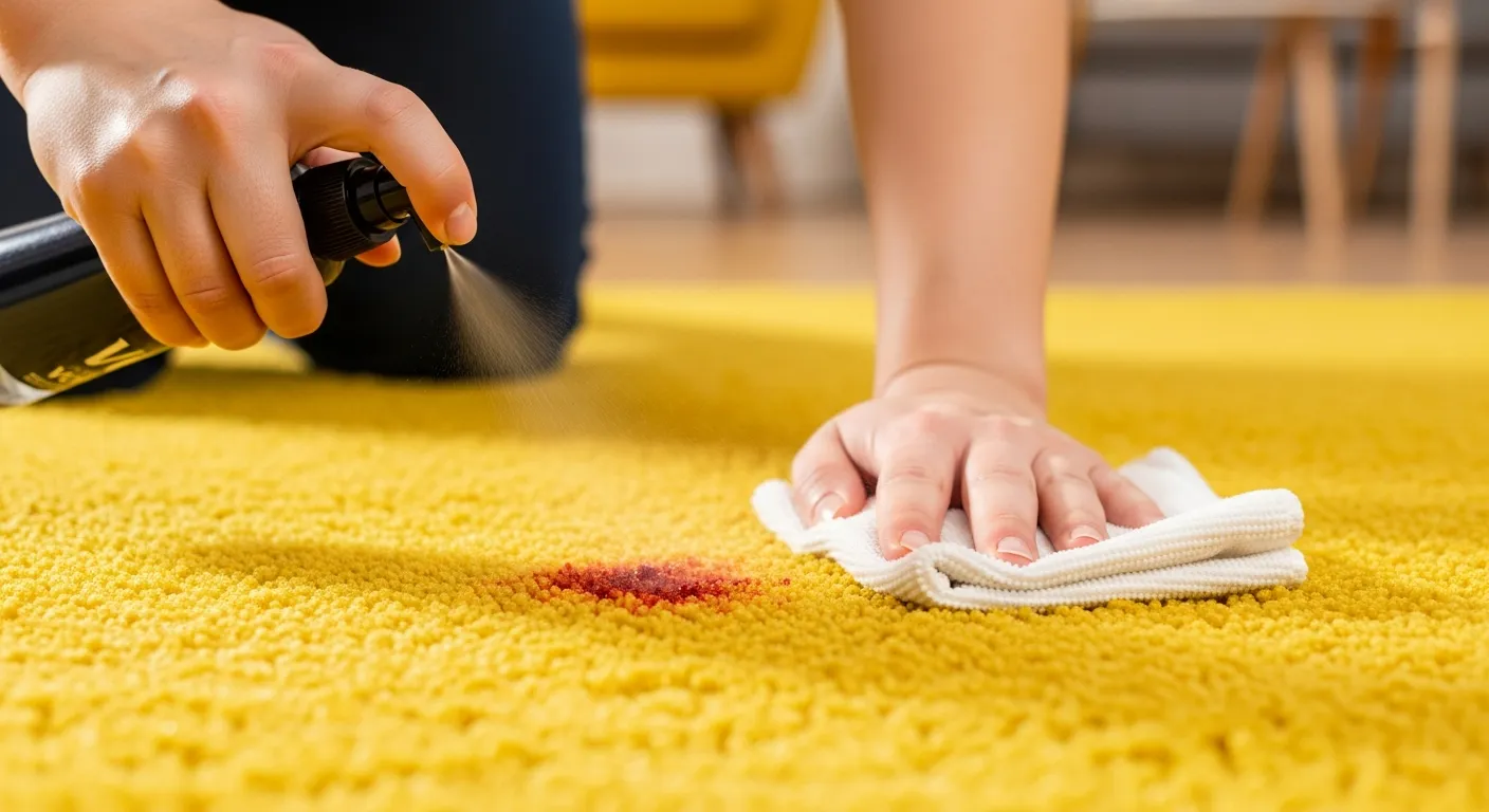 A Person Left Hand is Spraying Vodka on a Yellow Carpet. And the Right Hand Has a Microfiber White Cloth