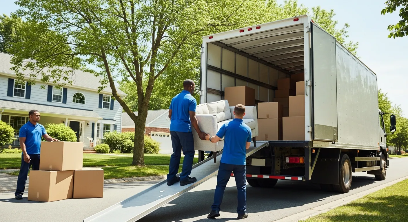 Three Professional Movers Actively Loading Items Onto a Large, White Moving Truck on a Sunny Suburban Street