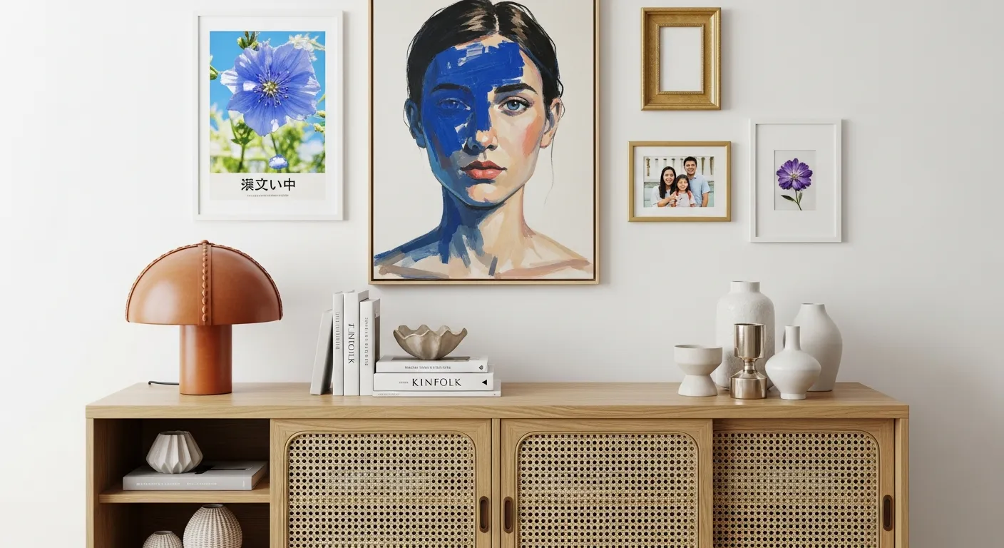 A Sculptural Tan Leather Lamp, Stacked Books and an Array of Ceramic and Metal Decorative 