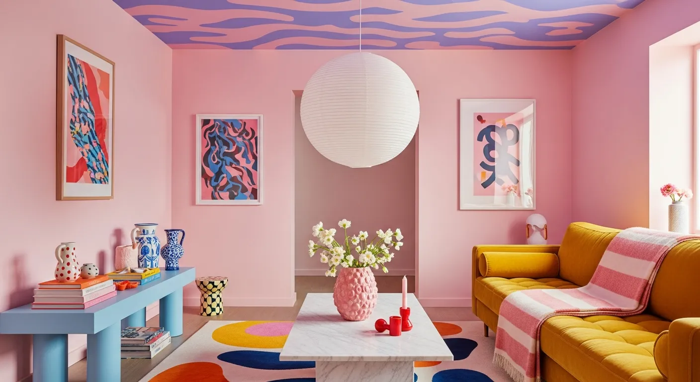Soft Millennial Pink Walls, Periwinkle and Pink Wavy Patterned Ceiling