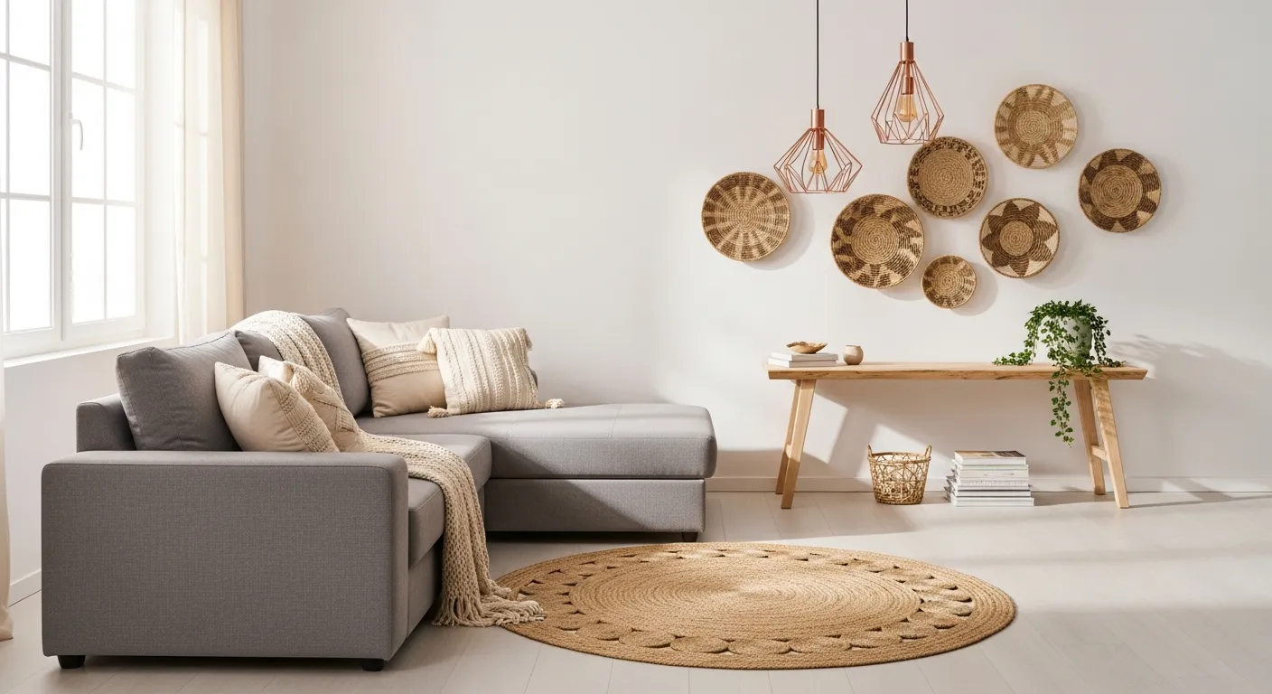 A Minimalist Living Room With an L-shaped Gray Sofa, Natural Wood Furniture, Woven Wall Decor