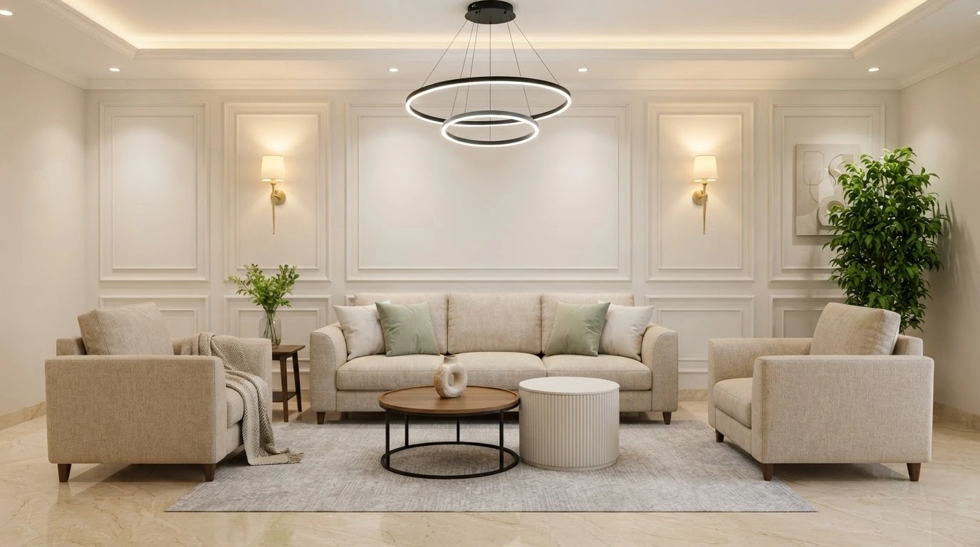 The Two Gold-finished Wall Sconces With Warm Cream Fabric Shades, and a Striking Black Modern Chandelier