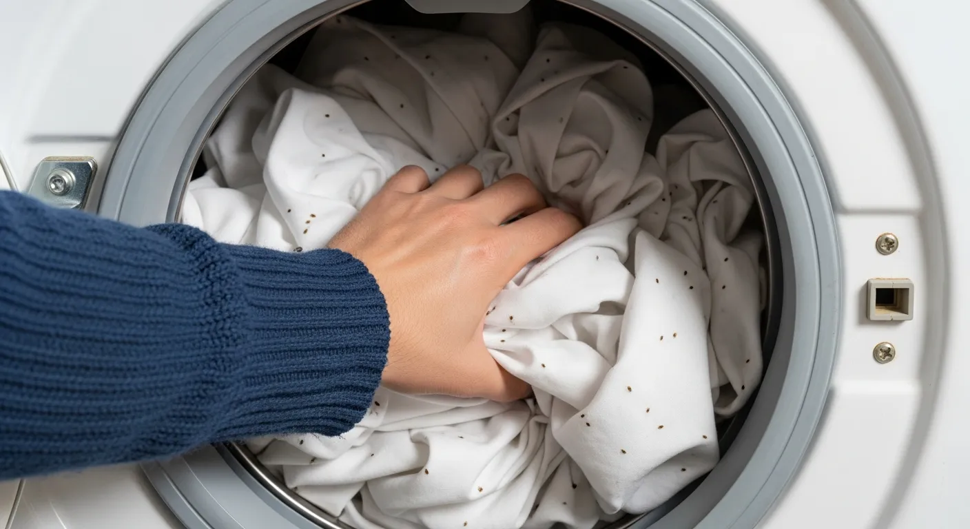 A Women Actively Adjusting a Wrinkled, Bug Marks, Pure White Bedsheet That Fills the Washing Machine Drum