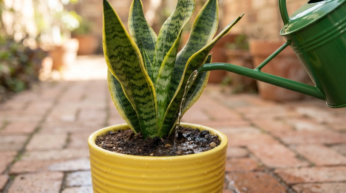 Water is Actively Being Poured Onto a Healthy Snake Plant