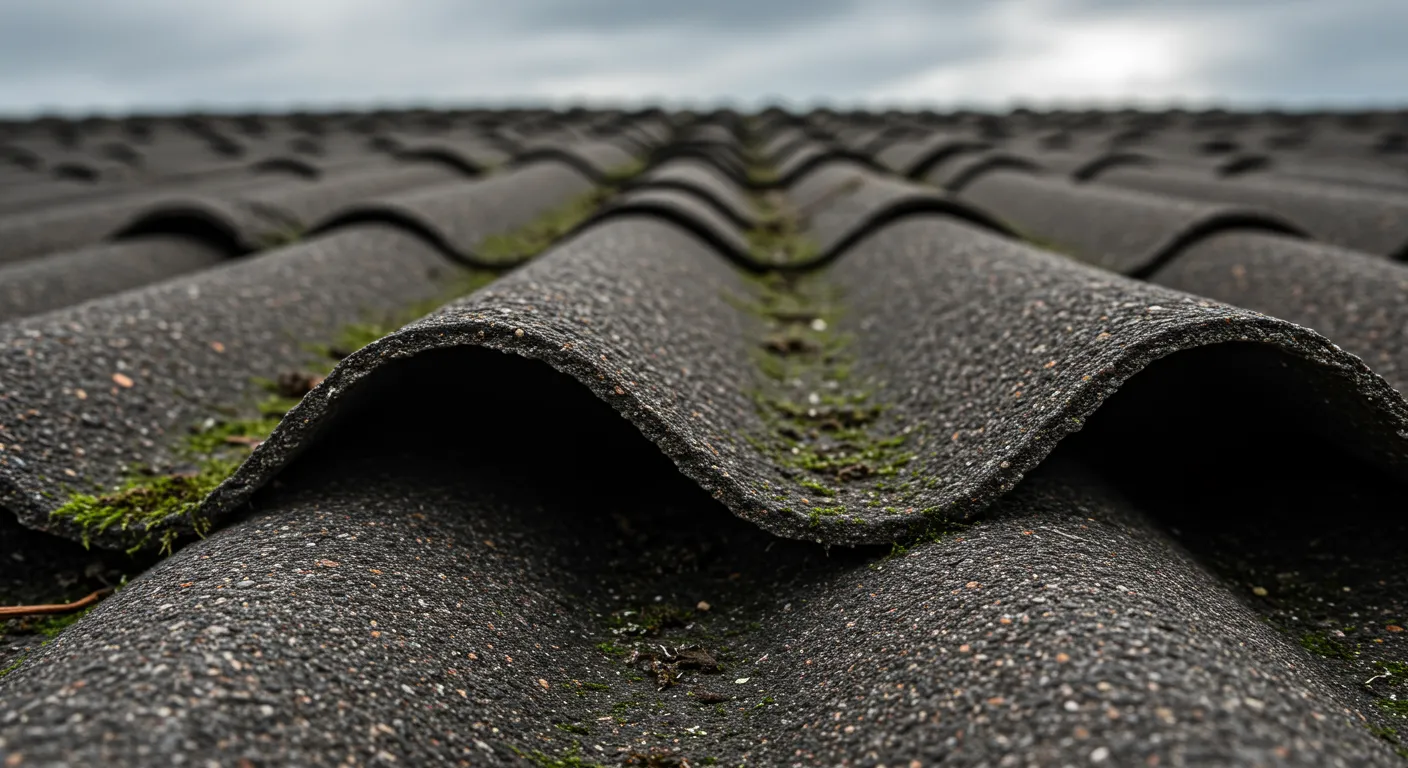 Water Damage Evident on Curling Asphalt Roof Shingles Water Damage Evident on Curling Asphalt Roof Shingles