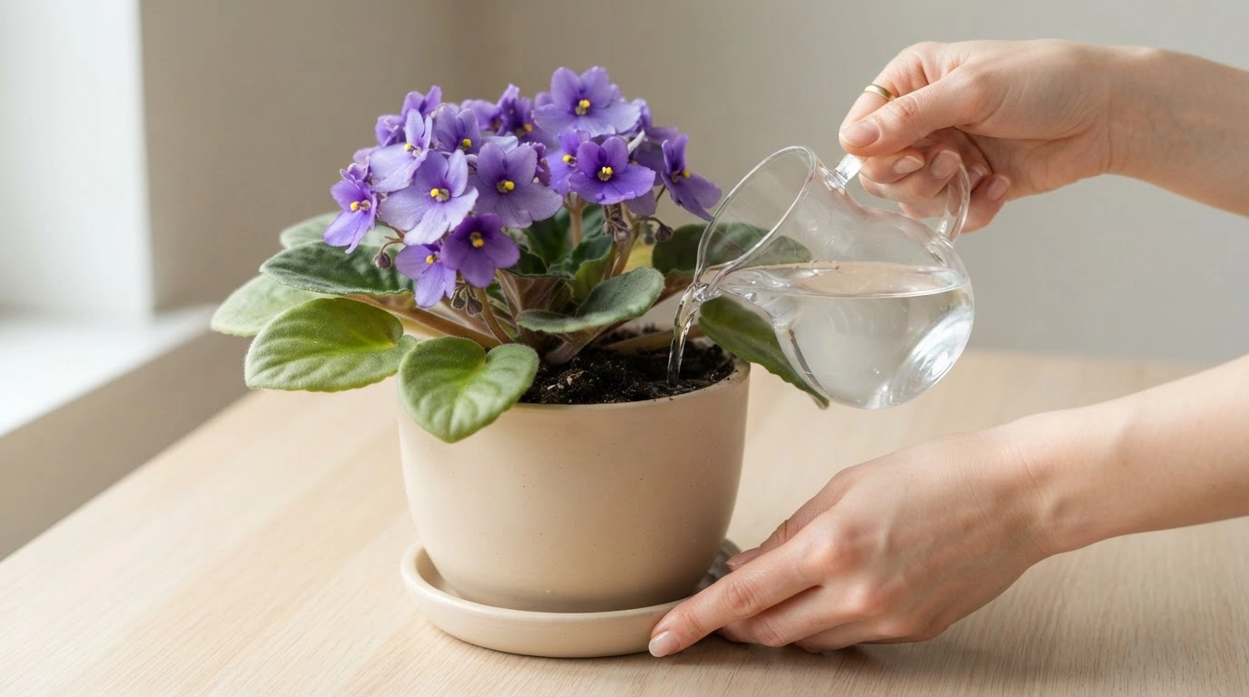 A Person's Hands Watering a Vibrant African Violet Plant