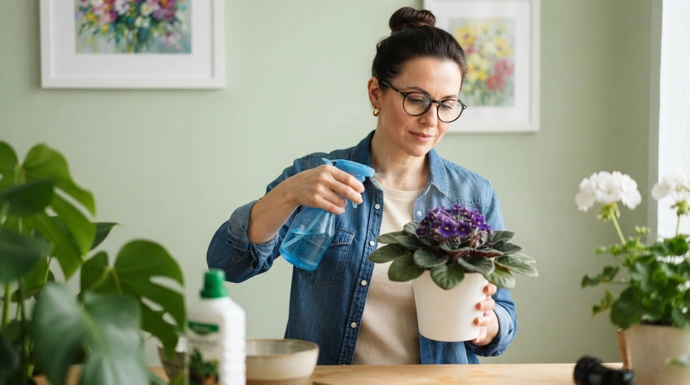 A Women Spraying Water From a Spray Bottle on African Violets
