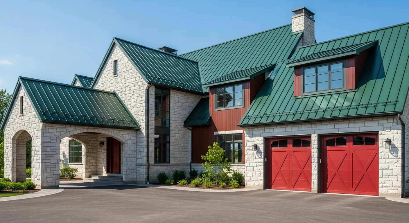 A Modern House With a Striking Dark Green Standing Seam Metal Roof and Light-colored, Textured Stone Walls