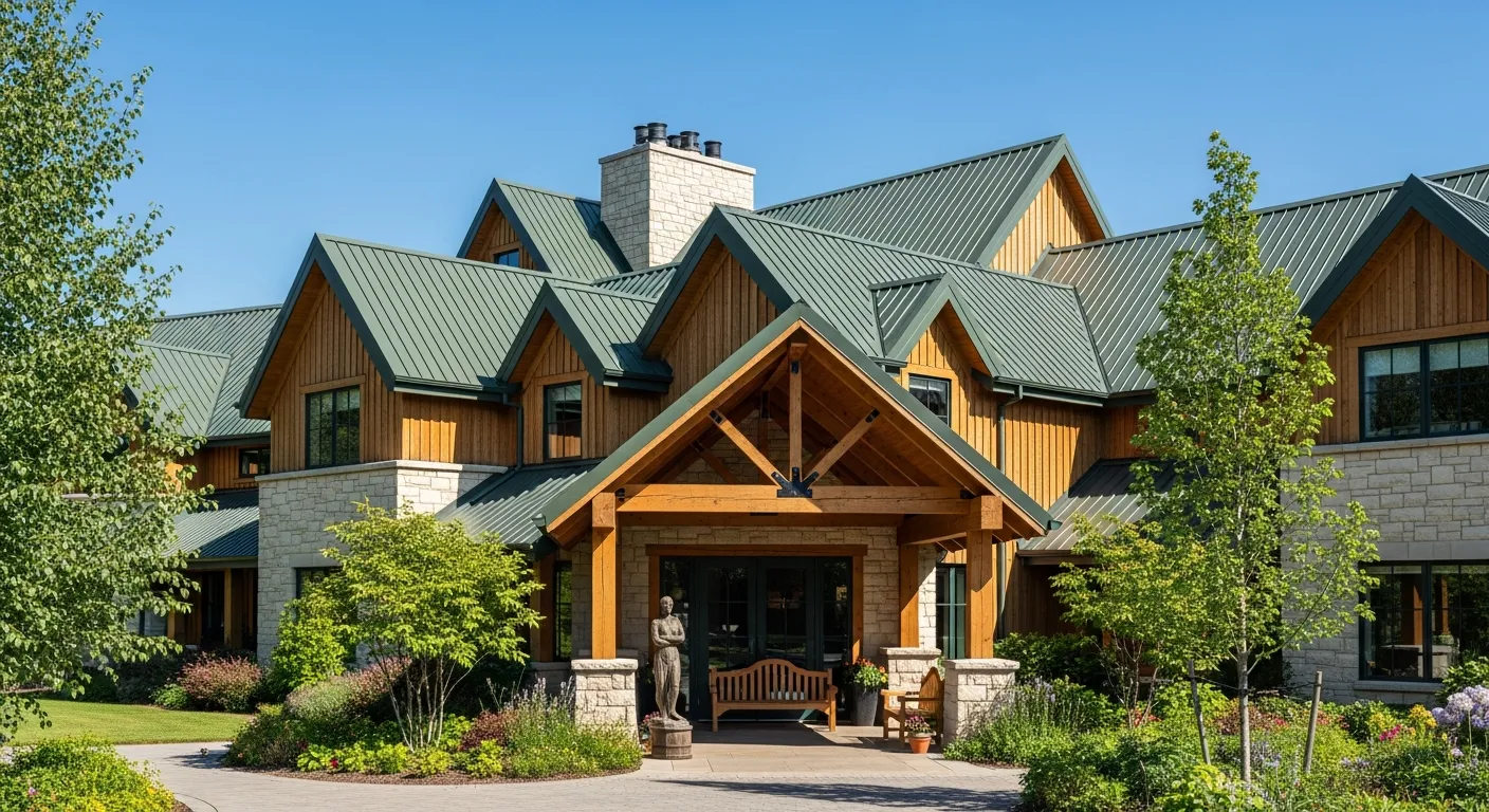 A Complex Roofline With Dark Green Corrugated Metal Roofing, Warm Light Brown Wood Siding, and Light Stone Accents