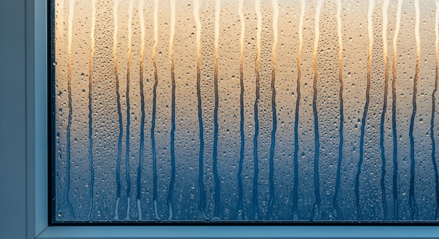 a window pane covered in heavy condensation, showing countless water droplets and vertical streaks