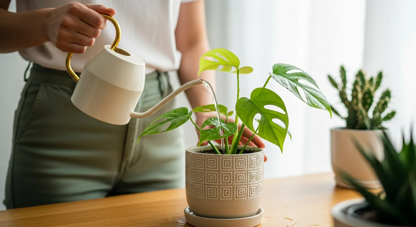 A Women Meticulously Watering a Healthy, Vibrant Green Monstera Adansonii Plant