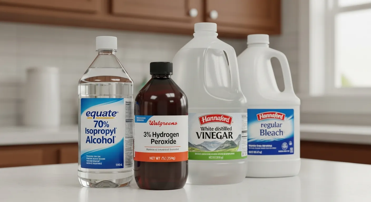 Four Household Liquid Bottles Arranged on a Light Surface Against Cabinet Background