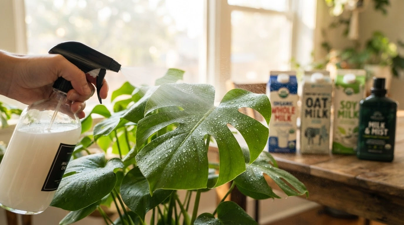 A Clear Spray Bottle Emitting a Fine, Gentle Mist of Diluted, Off-white Milky Liquid Onto the Vibrant, Thriving Monstera Plant