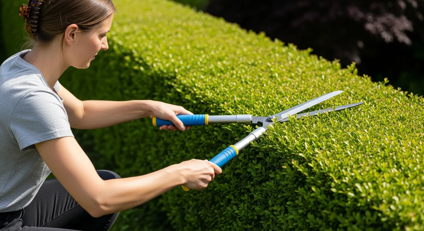 A Woman Actively Trimming a Dense, Vibrant Green Hedge in a Sunlit Garden