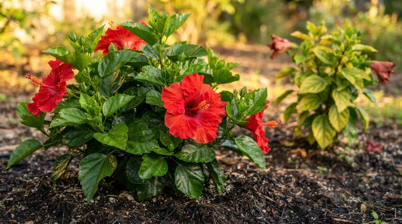 A Thriving Tropical Hibiscus Plant in Full Bloom, Showcasing Abundant Glossy Dark Green New Growth and Vibrant Crimson Flowers
