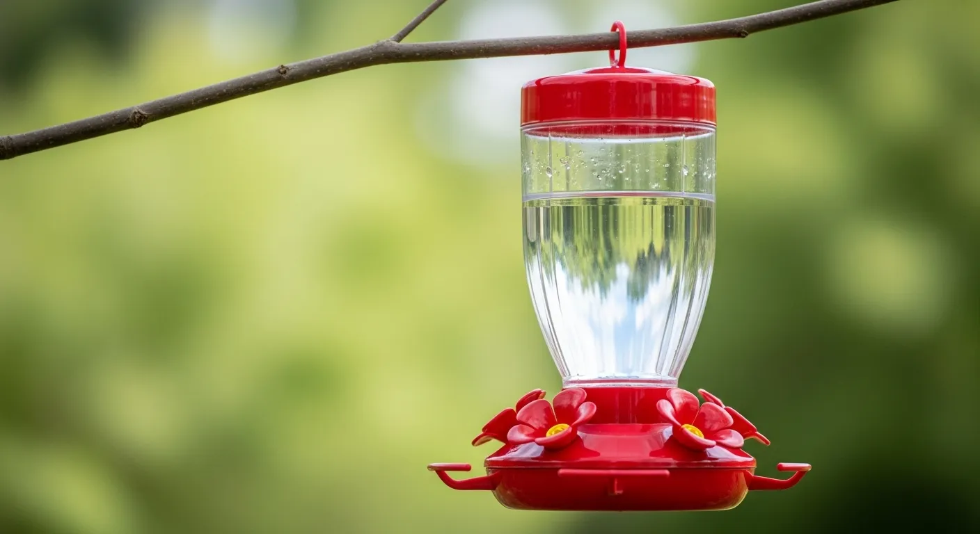 Red Hummingbird Feeder Hanging from Tree Branch Red Hummingbird Feeder Hanging from Tree Branch